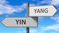 Yin and yang as a choice - pictured as words Yin, yang on road signs to show that when a person makes decision he can choose Royalty Free Stock Photo