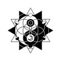 Yin yang with astrological symbols together with flower of life in circle, vector sacred oriental symbol