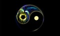 Yin and yang button, icon isolated on black background, decorated luminescence fantastic peacock feather. Spiritual relaxation of