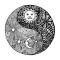 Yin yang doodle, zentangl, moon at night