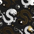 Yin Yang Dragons Seamless Pattern on Black Background Royalty Free Stock Photo