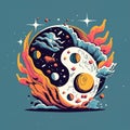 Yin-Yang Filled with Celestial Bodies, Waves, Flames - Fashionable Dark Fantasy Art with Cinematic Concept