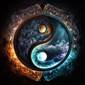 Yin Yang Harmony Symbol Made of Natural Elements, Fire Water Ying Yang, Abstract Generative AI Illustration Royalty Free Stock Photo