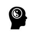 Yin Yang in Man Head Silhouette Icon. Yinyang in Human Brain Pictogram. Harmony, Unity, Balance Black Symbol. Asian Royalty Free Stock Photo