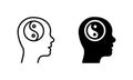 Yin Yang in Man Head Silhouette and Line Icon Set. Yinyang in Human Brain Pictogram. Harmony, Unity, Balance Symbol Royalty Free Stock Photo