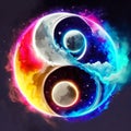 Yin and Yang in the night sky. Vector illustration of a sign of harmony. AI generated