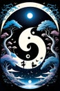 Yin & Yang perfect symbol, two parts in one art, double exposure, night, landscape, glittering, beautiful art, moon