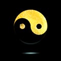 Yin and yang shaped Golden texture crumbs, art icon isolated on black. Gold sparkle. Dust scattering. Vector
