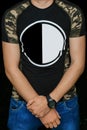 Yin and yang sign symbol black and white contrast round circle on the T-shirt for text and design blank space empty