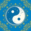 Yin Yang Symbol with Decorative Blue and Gold Pattern Royalty Free Stock Photo