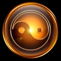 yin yang symbol icon golden, isolated on black