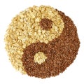 Yin and yang symbol made of flax seeds and whole grain oats isolated on white background Royalty Free Stock Photo