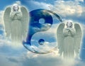 Yin yang symbol with two praying angels over beautiful sky Royalty Free Stock Photo