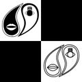 Yin Yang. Vector logo in the shape of yin-yang with a stylized image of the eyes and lips. Monochrome. Black and white