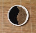 Yin Yang yellow seeds black cumin white plate bamboo Mat