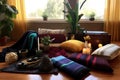 yin yoga setup with bolsters, blankets, and eye pillow