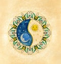 Ying Yang.The Balance symbol. Watercolor illustration on Vintage paper. Royalty Free Stock Photo