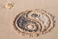 Ying Yang symbol drawn on the beach Royalty Free Stock Photo