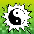 Ying yang symbol of harmony and balance. Black Icon on white popart Splash at green background with white spots. Illustration