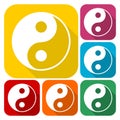 Ying yang symbol of harmony and balance icons set with long shadow Royalty Free Stock Photo