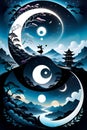 Yinyang symbol art with a complex asian landscape, devided into 2 halves, a day and night, fairies and creepy, good and bad