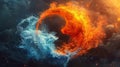 A yinyang symbol composed of various elements such as fire and water to symbolize the interconnectedness of opposing