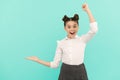 Yippee. Happy kid give winning gesture showing open hand. Celebrating success. Success in studies Royalty Free Stock Photo
