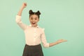 Yippee. Happy kid give winning gesture showing open hand. Celebrating success. Success in studies Royalty Free Stock Photo