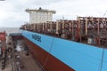 View on the newly painted ship, owned by Maersk Line, she is inside dry dock for scheduled maintenance and painting.