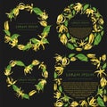 Vector wreath set with ylang ylang flowers. Set of floral illustrations with wild tropical yellow flowers on black background