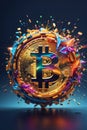 stylized Bitcoin coin exploding into a burst of rainbow-hued digital particles