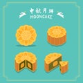 Different perspective view of moon cake. Cut half, piece of sweet dessert moon cake