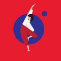 girl in yoga pose on a red background with a blue circle