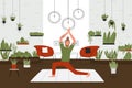 Yoga activity at home, cartoon man with beard doing yoga pranayama exercise, meditating