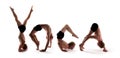 Yoga alphabet, athlete forming YOGA word over white