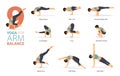 9 Yoga poses for workout in concept of Arm Balance in flat design. Yoga posture or asana for fitness infographic.