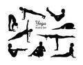 Yoga asana set with black woman silhouettes. Yogi girl full body training including core muscles, legs and arms. Sketch