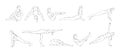 Yoga asana set with woman in different poses. Yogi girl full body workout including core muscles, legs and arms. Sketch