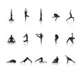 Yoga asanas drop shadow black icons set