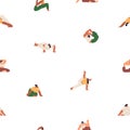 Yoga asanas, seamless pattern design. Woman in different stretching poses, positions, repeating print. Endless sport Royalty Free Stock Photo