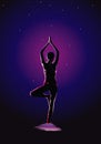 Yoga background vector illustration, Glowing outline of woman in yoga pose on dark background.