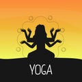 Yoga Banner Template with Silhouette of Multi Armed Woman Meditating in Lotus Position at Sunset Vector Illustration