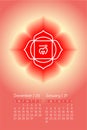 Yoga calendar. December 2020. January 2021. Muladhara icon. English calender template. Planning grid. Creative design. The first