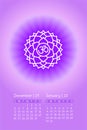 Yoga calendar. December 2021. January 2022. Sahasrara icon. English calender template. Planning grid. Creative design. The