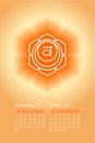 Yoga calendar Swadhisthana. February and March 2021. English calender template. Planning grid. Creative design. The second chakra