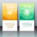 Yoga cards with mudra, lotus, mountain landscape