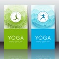 Yoga cards with yogi silhouette, mountain landscape