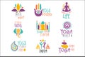 Yoga Center Set Of Colorful Promo Sign Design Templates With Different Indian Spiritual Symbols For Fitness Studio