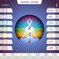 Yoga chakras pronunciations infographic chart with female silhouette inside stilized colorful circle with music notes