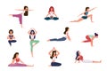 Yoga characters. Women doing yoga exercises, warming up and stretching various poses, meditation in gym. Healthy Royalty Free Stock Photo